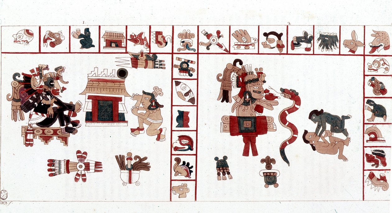 Aztek Tanrısı Cihuacohuatl bir hiyeroglif el yazmasında, piktogramlarda temsil edilir. by Aztec Aztec