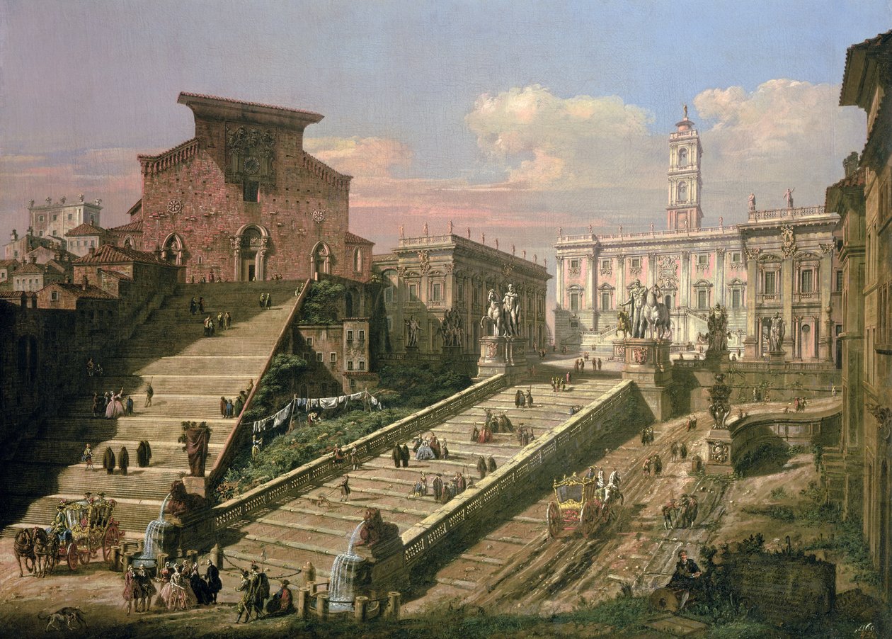 Piazza del Campidoglio ve S. Mario dAracoeli Kilisesi, Roma by B. and Bellotto, L. Bellotto