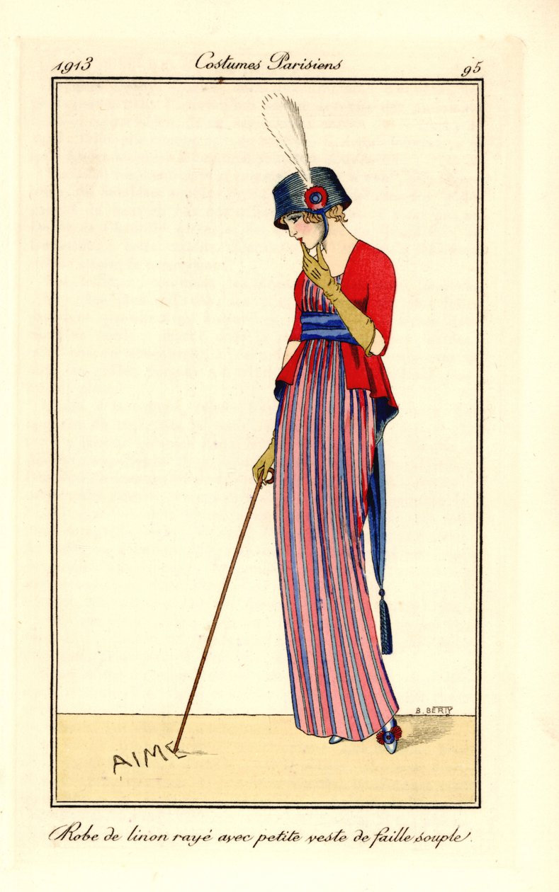 Çizgili keten elbiseli ve yumuşak nervürlü ipekten veya yelekli kadın, kokartlı şapka. Bastonuyla kuma aşk yazıyor. Robe de linon raye avec minyon veste de faille çorbası. B. Bert