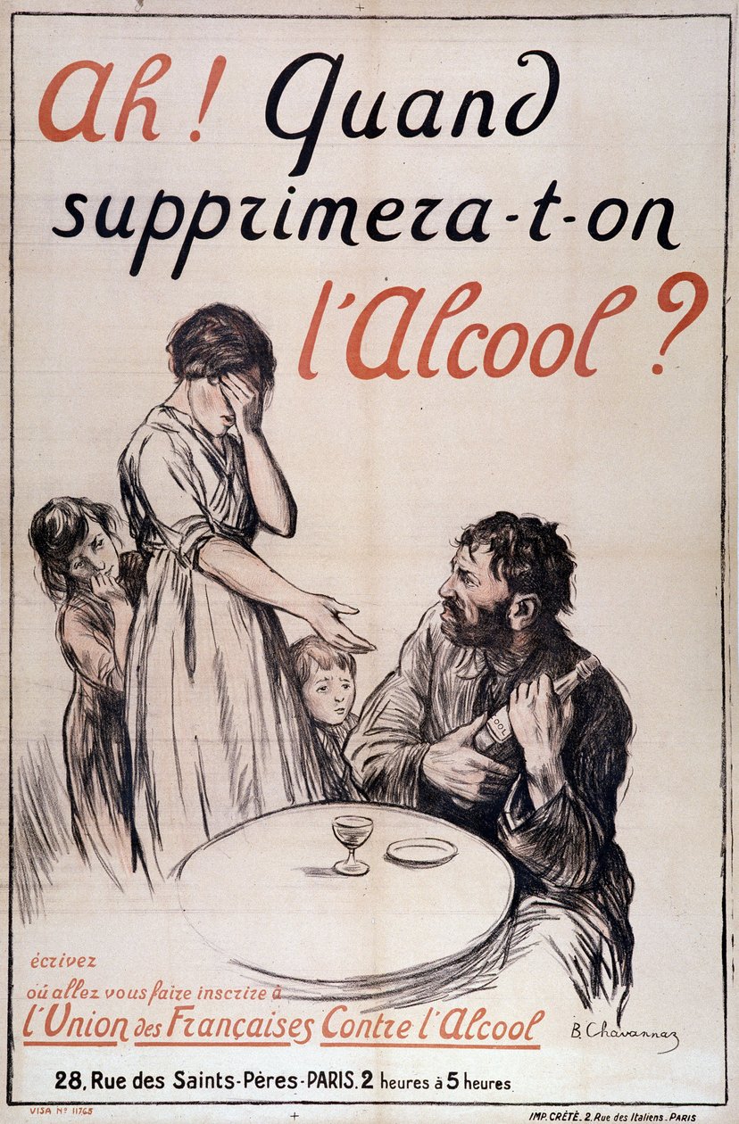 Alkolizm: “Alkol ne zaman kaldırılacak?” C. 1910 (litografi) by B. Chavannaz