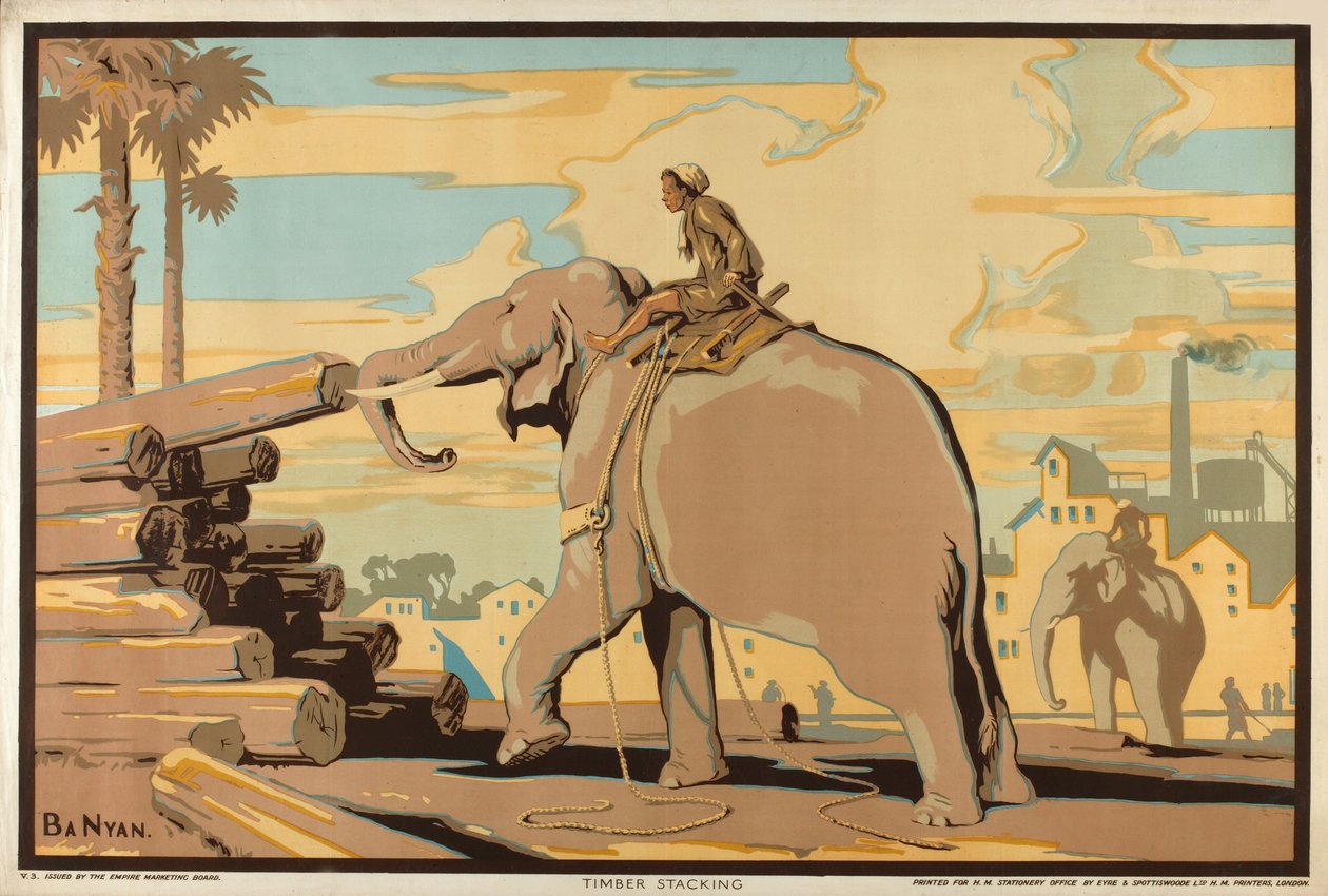 'Burma: A Land of Rich Resources' serisinden Kereste İstifleme (renkli litho) by Ba Nyan