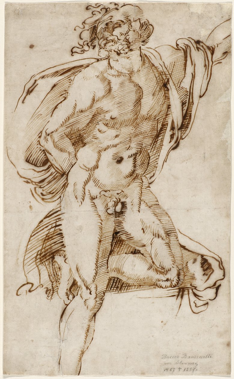 Contrapposto pozunda tek dizinin üzerine eğilmiş erkek çıplak (Laocoön ile ilgili çalışma), c.1520-25 (döşemiş kağıt üzerinde kalem ve demir safra mürekkebi) by Baccio Bandinelli