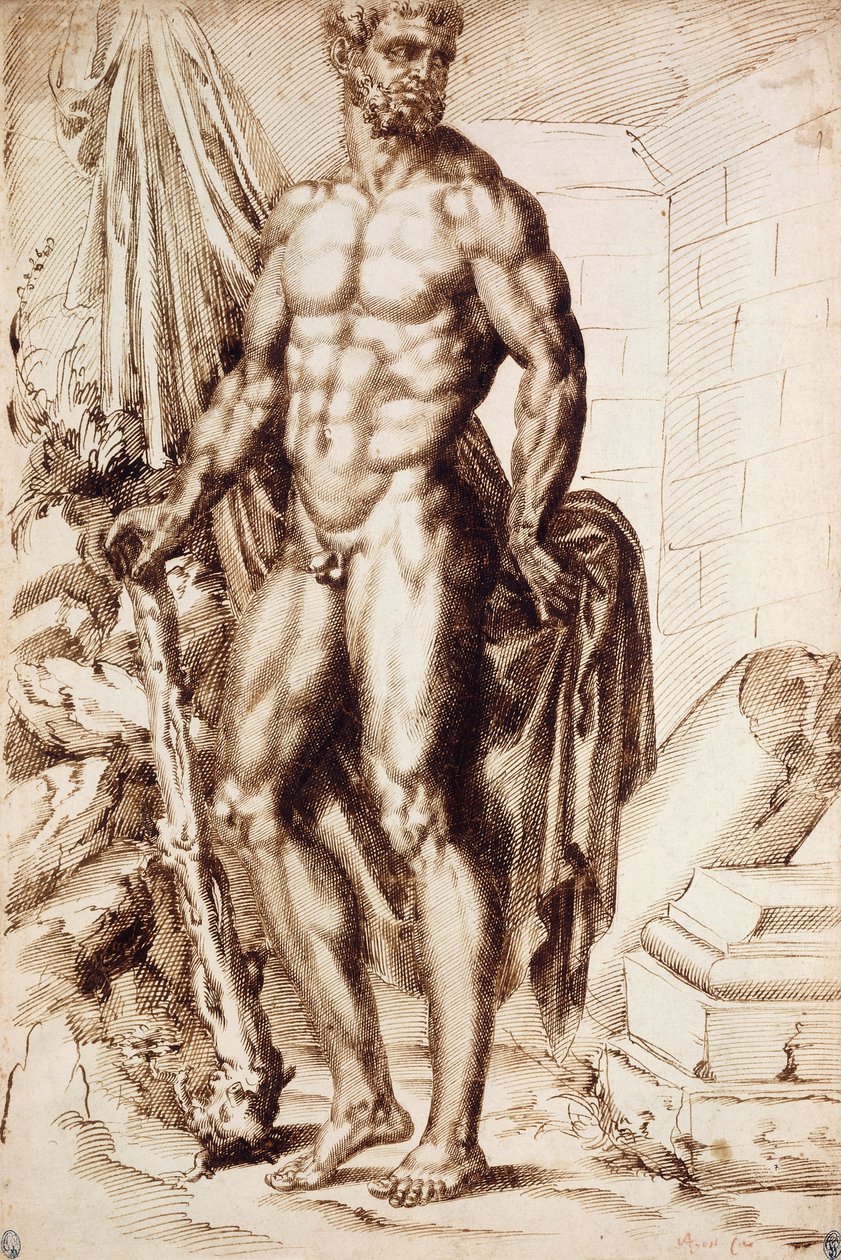 Herkül Sola Döndü, Kulübüne Dayandı, Perdelik Tutarak, Bir Tapınağın Harabelerinin Yanında, by Baccio Bandinelli