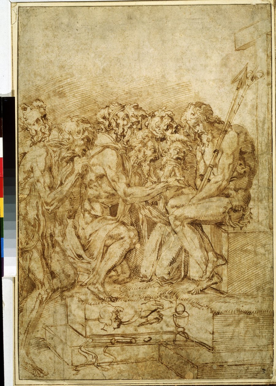 ""Yedi Figürle Çevrili Tutku Sembolleriyle İsa"" (Yedi Figürün Katıldığı Tutku Sembolleriyle İsa) Kahverengi Mürekkeple Çizim Baccio Bandinelli (1493-1560) 16. Yüzyıl Puşkin Müzesi Moskova by Baccio Bandinelli