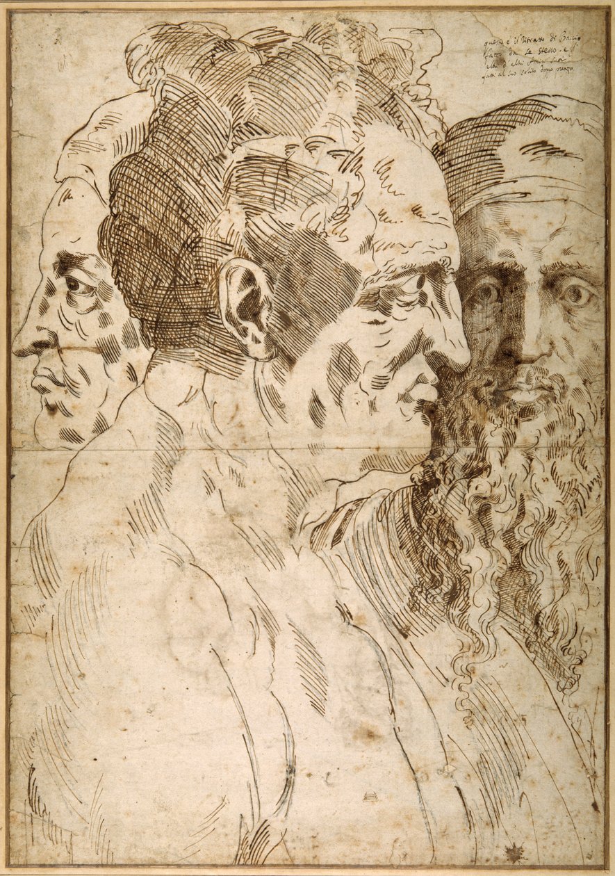 Üç erkek kafası yan yana (kalem ve kahverengi mürekkep ve kağıt üzerinde siyah tebeşir) by Baccio Bandinelli