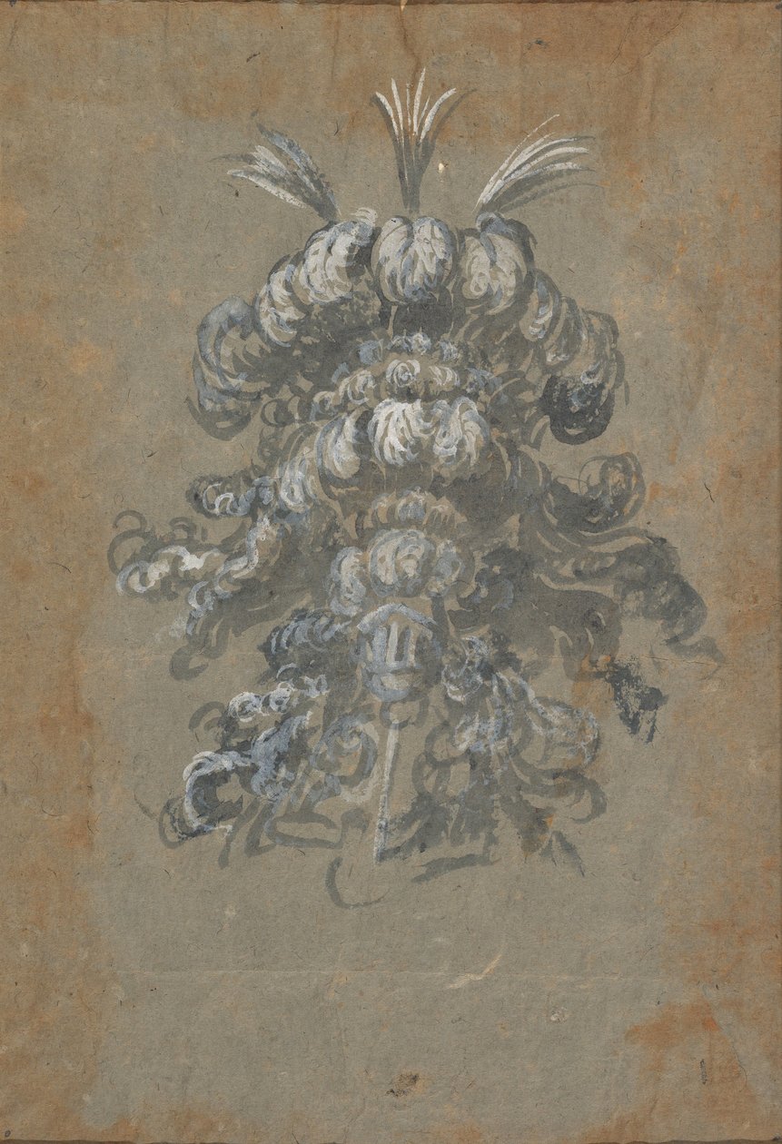 Miğferin önden görünümünde Tüylü Gösterişli Bir Başlık için Tasarım, yakl. 1620-56. by Baccio del Bianco