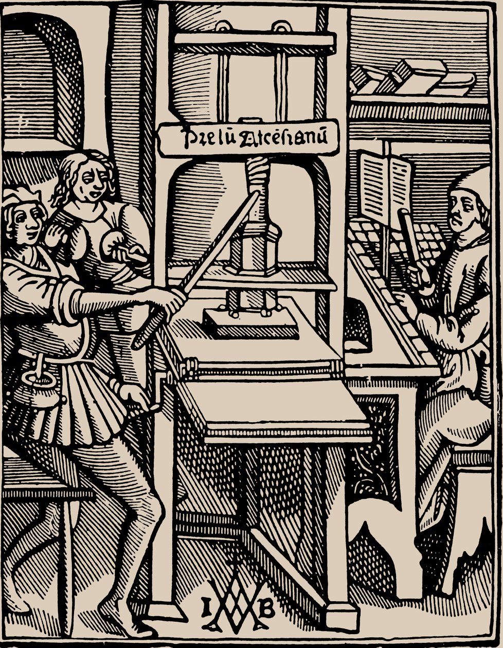 Prelum Ascensianum: matbaa iş başında olan yazıcı cihazı, 1508. by Badius