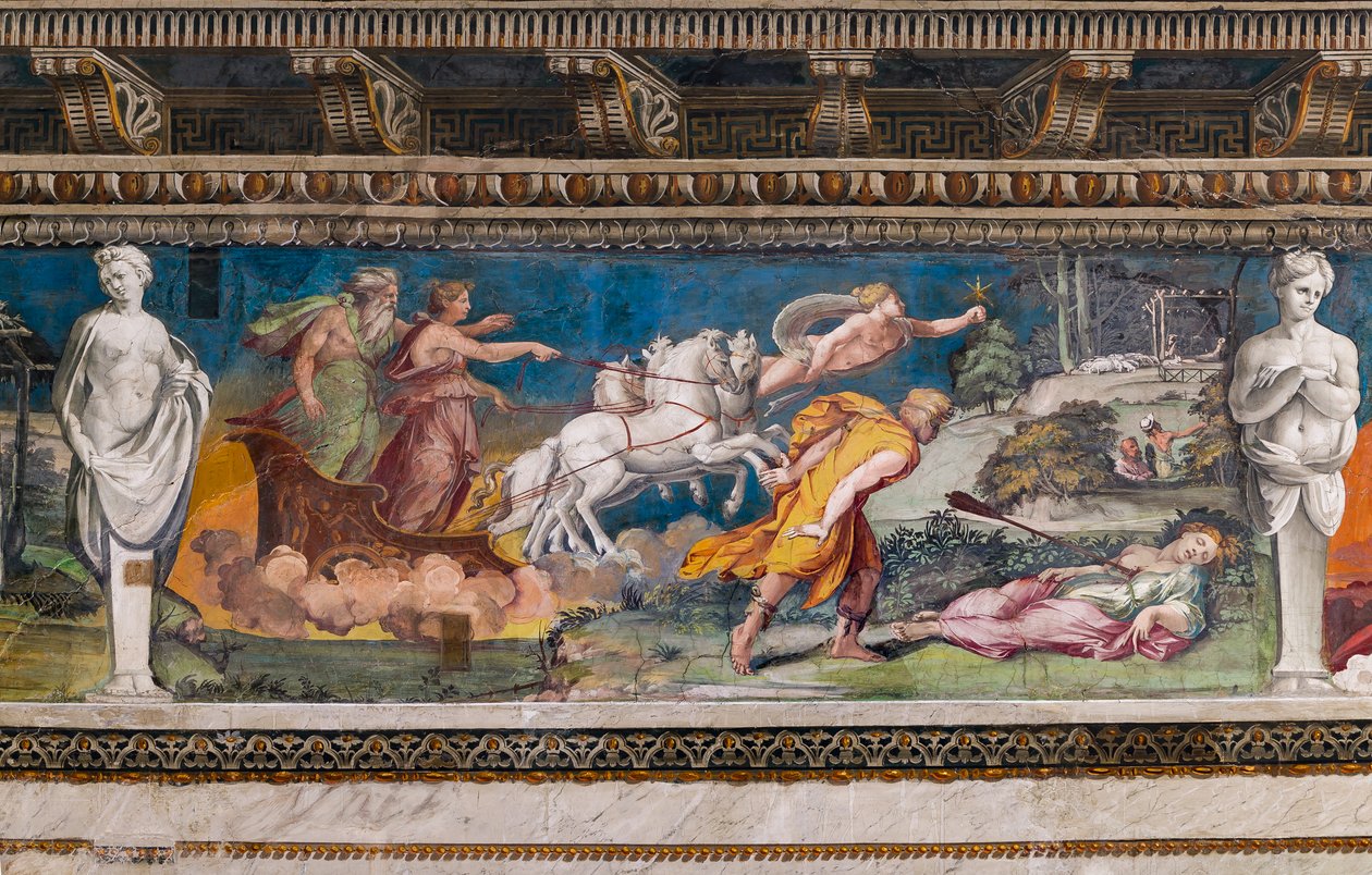 Asla hata yapmayan cirit tarafından kazığa geçirilen Procris, dört atın çektiği bir arabada ona ve Aurora ve Titone'a doğru koşan Cephalus by Baldassarre Peruzzi