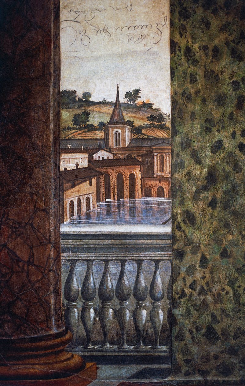 Su kenarındaki binalar, Hall of Perspectives'teki freskten detay by Baldassarre Peruzzi