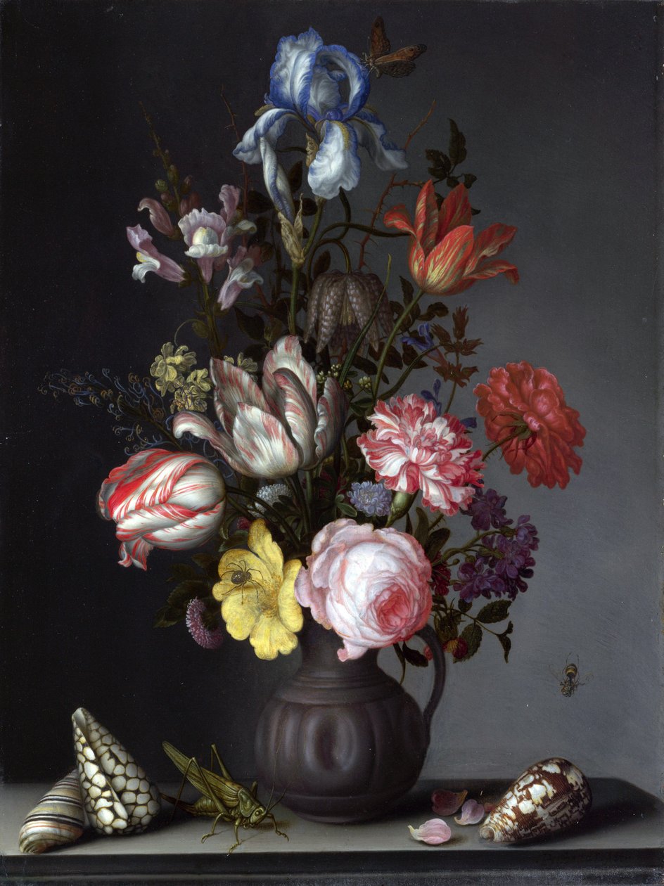 Kabuklu ve Böcekli Vazoda Çiçekler by Balthasar van der Ast