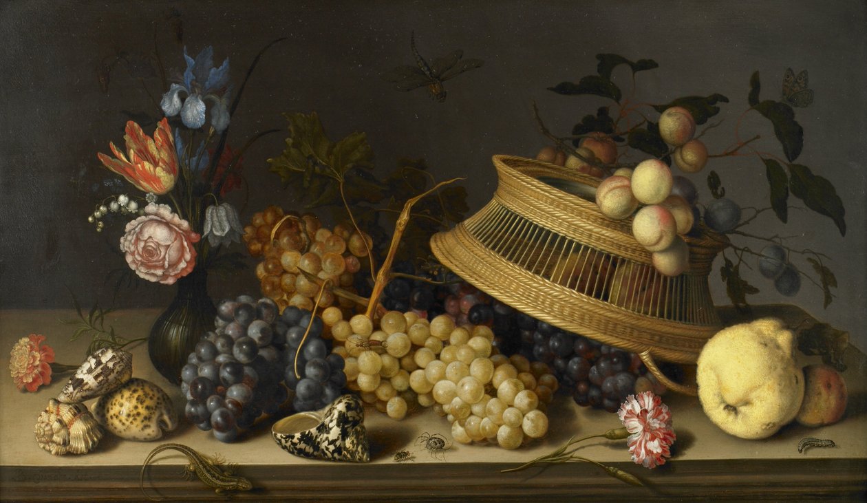 Çiçekler, Meyveler, Kabuklar ve Böceklerden Natürmort by Balthasar van der Ast
