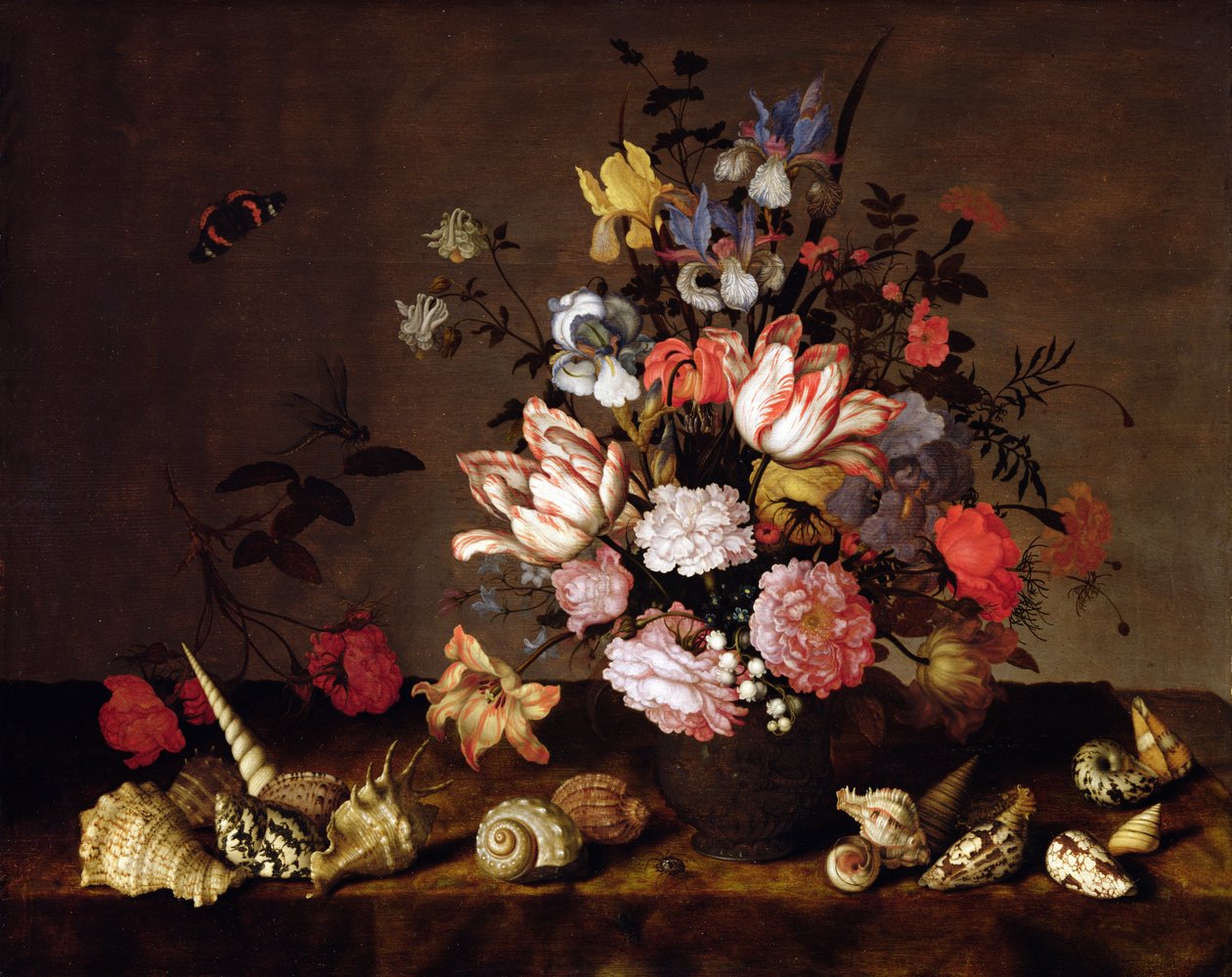 Kabuklu bir çiçek vazosunun natürmort by Balthasar van der Ast