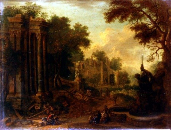 Klasik kalıntıların yanında dinlenen gezginlerin olduğu ormanlık manzara (bir çift) by Balthasar (circle of) Beschey