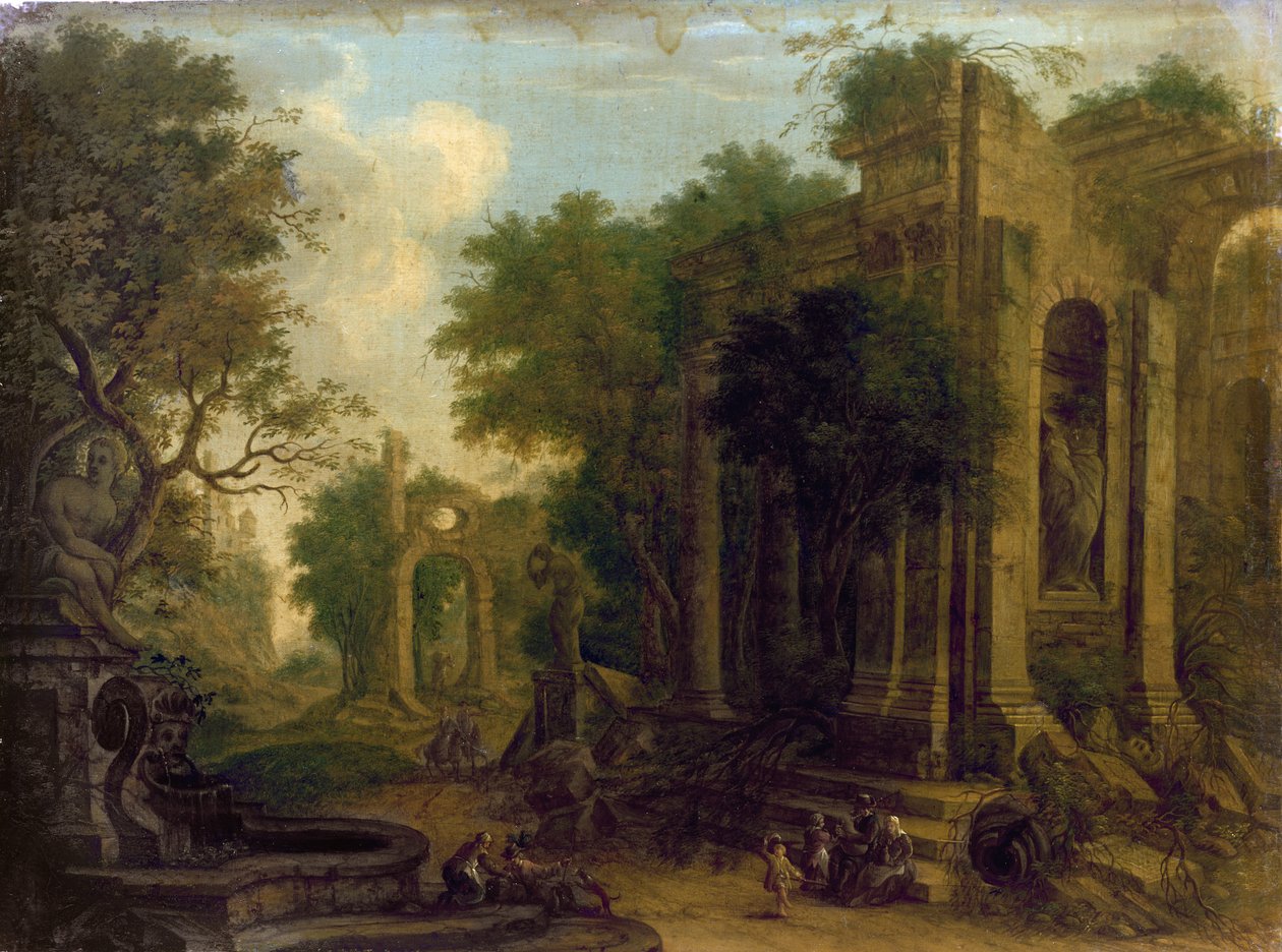 Klasik kalıntıların yanında dinlenen gezginlerin olduğu ormanlık manzara by Balthasar Beschey