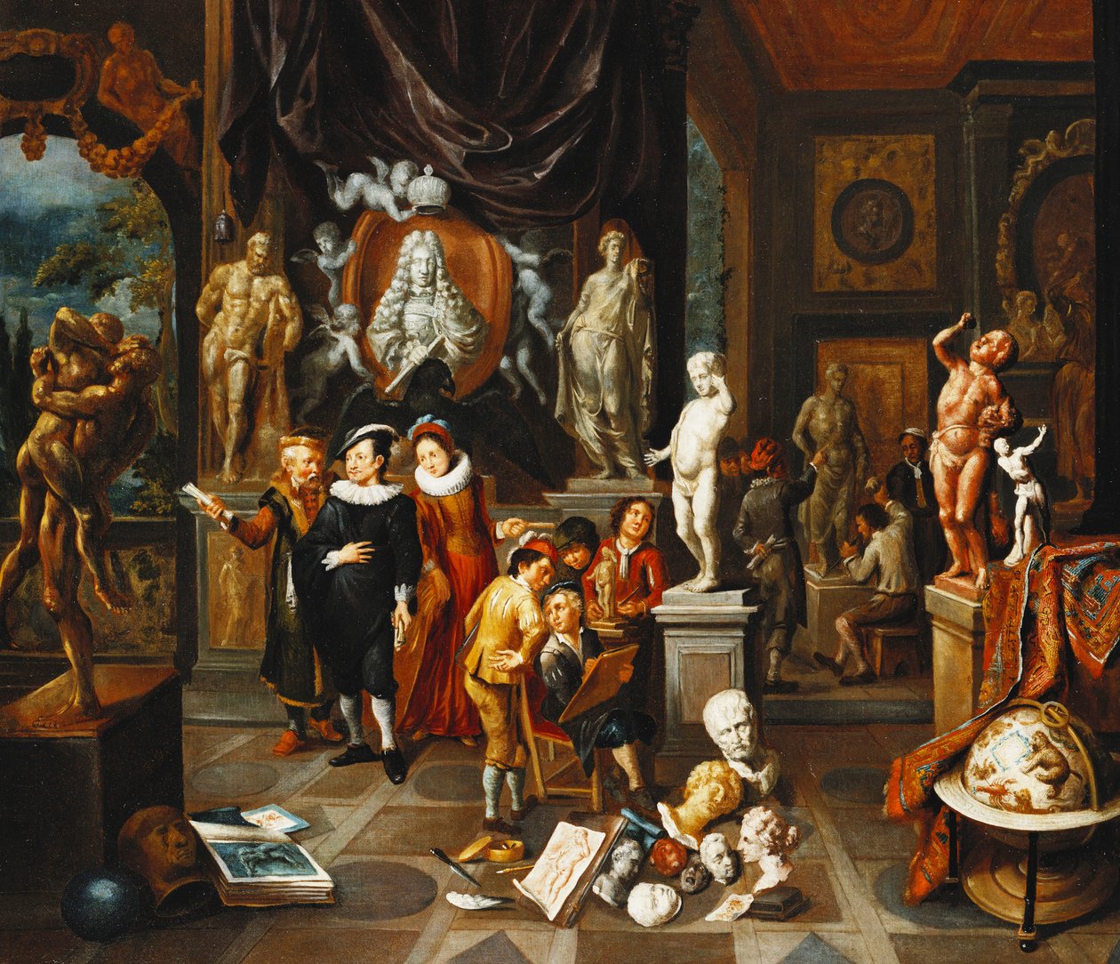 Bir Heykel Galerisini Ziyaret Eden Zarif Bir Çift, Bir Sanatçı Eskizleri ve Bir Heykeltıraş Ötesinde İş Başında, by Balthasar van den Bossche