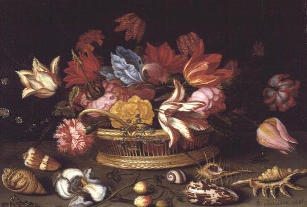 Bir Çıkıntıda Kabuklu Çiçek Sepeti (yağ paneli) by Balthasar van der Ast