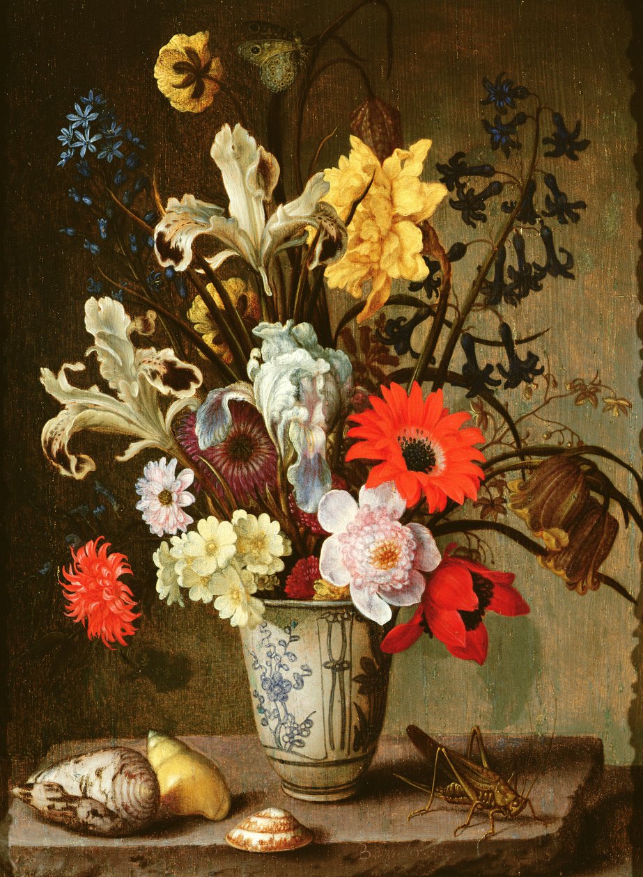 Beher, çekirge ve deniz kabukları ile Çiçek Çalışması (panelde yağlı boya) by Balthasar van der Ast