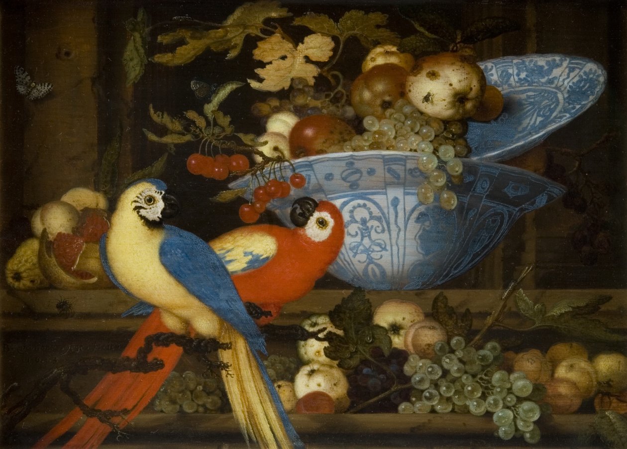 İki Papağanlı Meyve Natürmort by Balthasar van der Ast