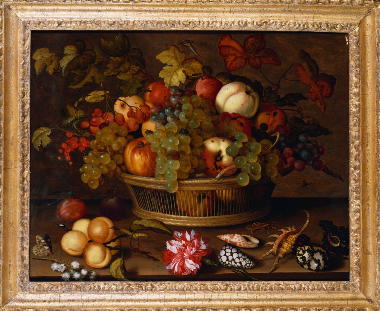 Vadideki Zambak ile Sepette Üzüm, Elma, Şeftali ve Erik by Balthasar van der Ast