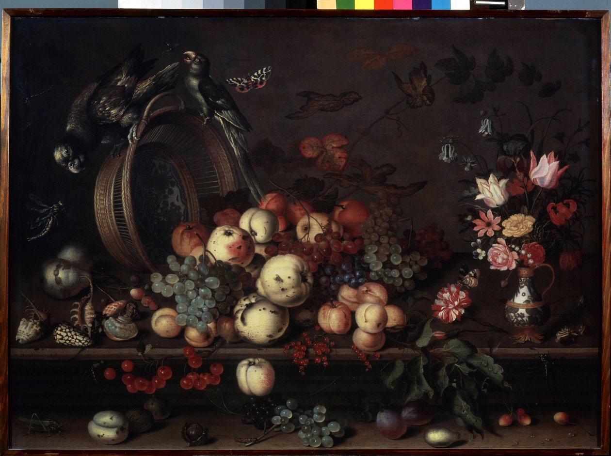 "Meyveler, Çiçekler ve Papağanlarla Natürmort" ("Meyveler, Kabuklar ve Böcekler ile Natürmort" olarak da adlandırılır) tablosu Balthasar van der Ast (1593/4-1657 ) tarafından 1620 Ebat 75x104 cm Ermi Müzesi by Balthasar van der Ast