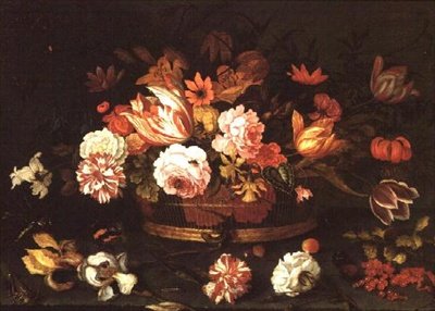Sepet içinde güller, laleler by Balthasar van der Ast