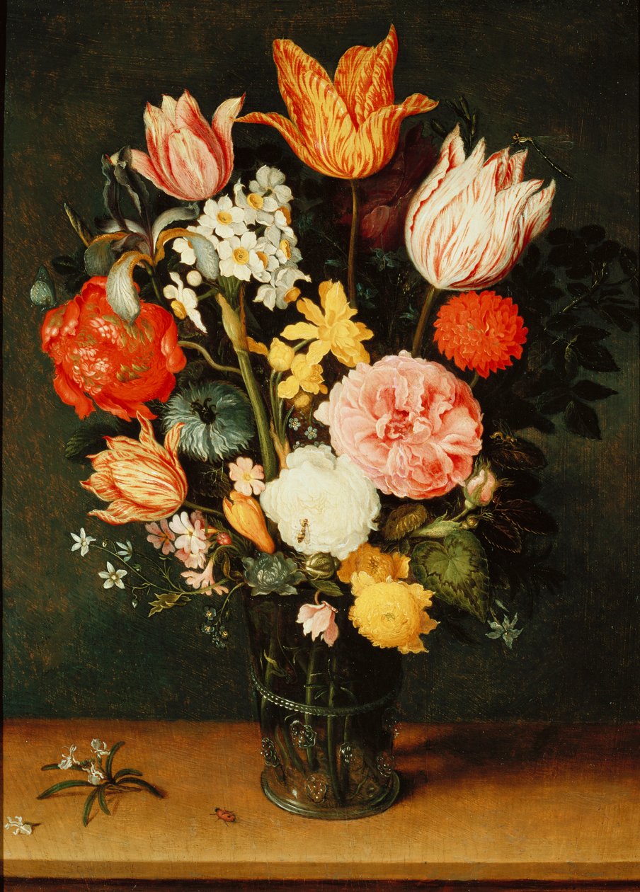 Cam Vazoda Lale, Gül ve Diğer Çiçekler by Balthasar van der Ast