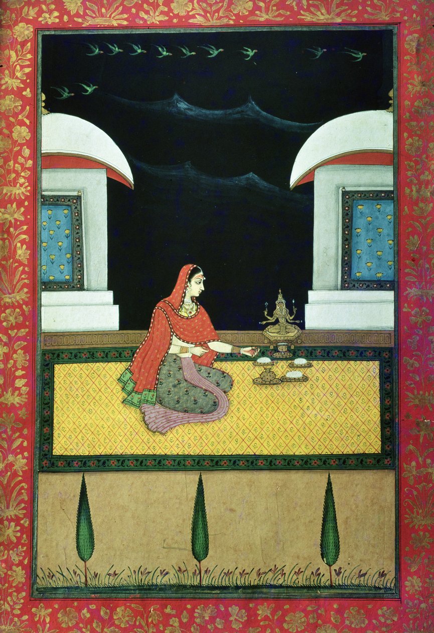 Halı Üzerinde Oturan Kadın, 1750 (kağıt üzerine guaj boya) by Bangazi Ragini