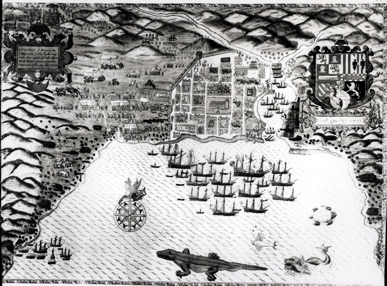 Santiago, Yeşil Burun Adaları, 1589 (el boyaması gravür) by Baptista Boazio