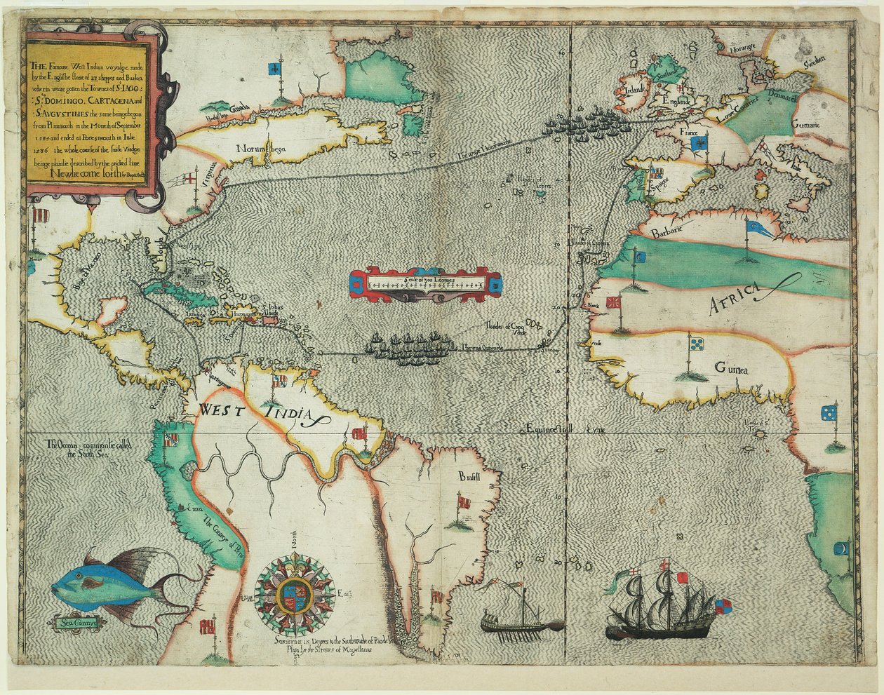 İngiliz filosunun 23 gemi ve tekneyle yaptığı ünlü Batı Hindistan yolculuğu by Baptista Boazio
