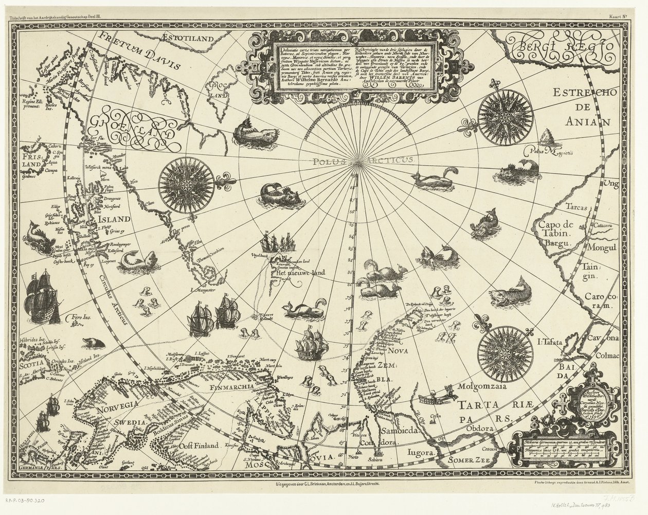 Hollandalıların 1598'deki üç yolculuğunu gösteren Kuzey Kutup Dairesi çevresindeki ülkelerin haritası by Baptista van (after) Doetechum