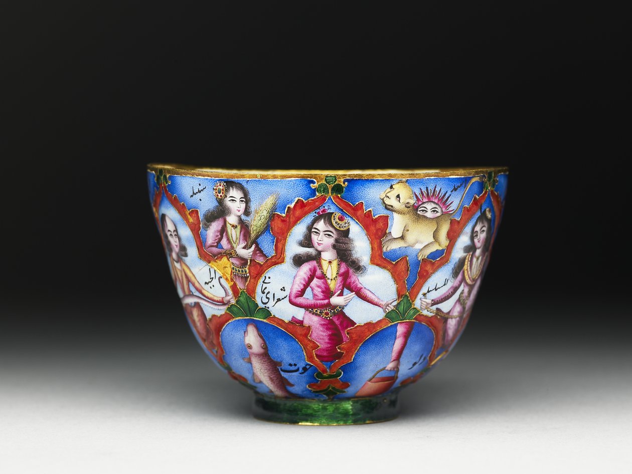 Kapaklı kase, tabak ve kaşık, astrolojik süslemeli, 19. yüzyılın başlarında by Baqir