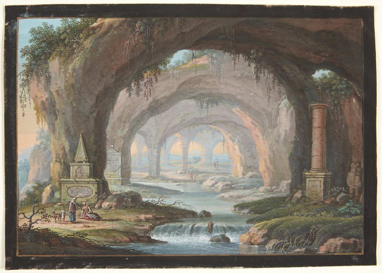 Delinmiş mağaralar, mezar anıtları, nehir ve figürinlerle manzara by Barbara Dietzsch