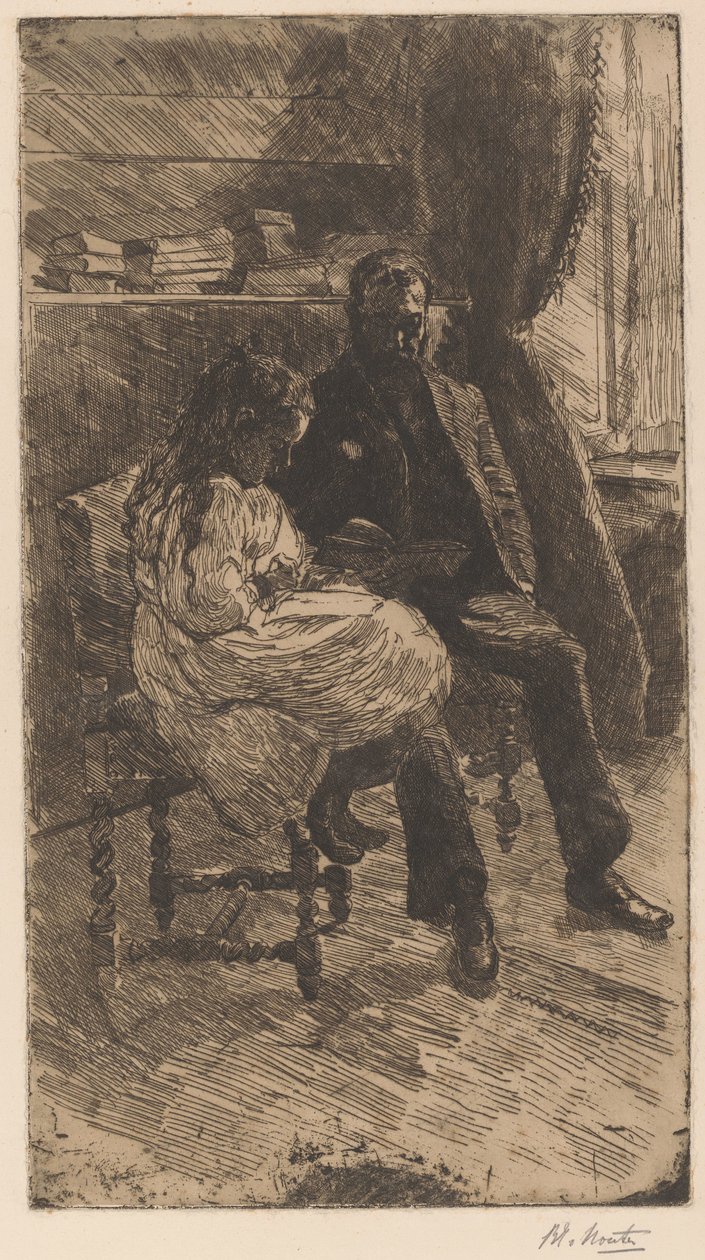 Birlikte kitap okuyan bir erkek ve bir kızla iç mekan by Barbara Elisabeth van Houten (signed by artist)