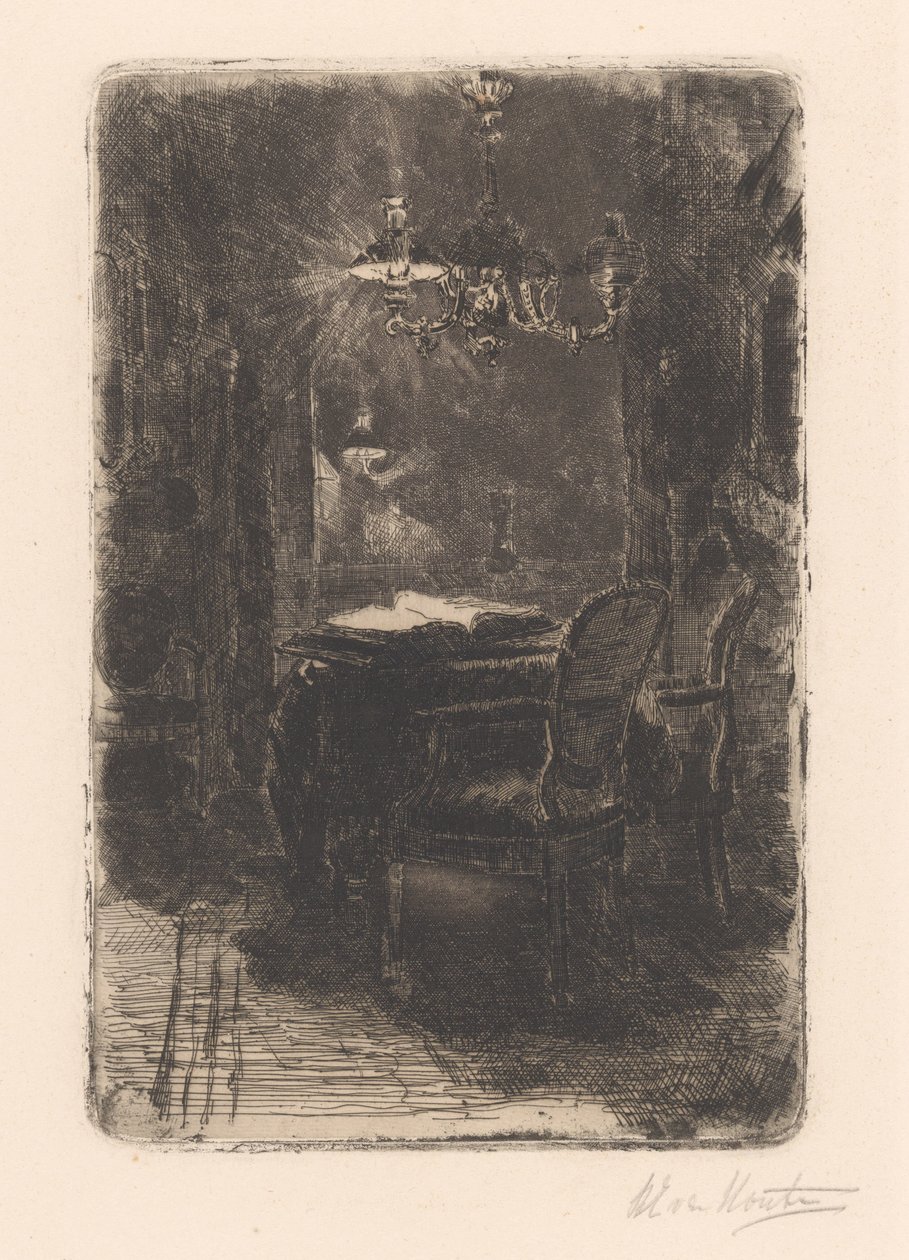 Açık kitap ile ayna ve masa ile iç by Barbara Elisabeth van Houten (signed by artist)