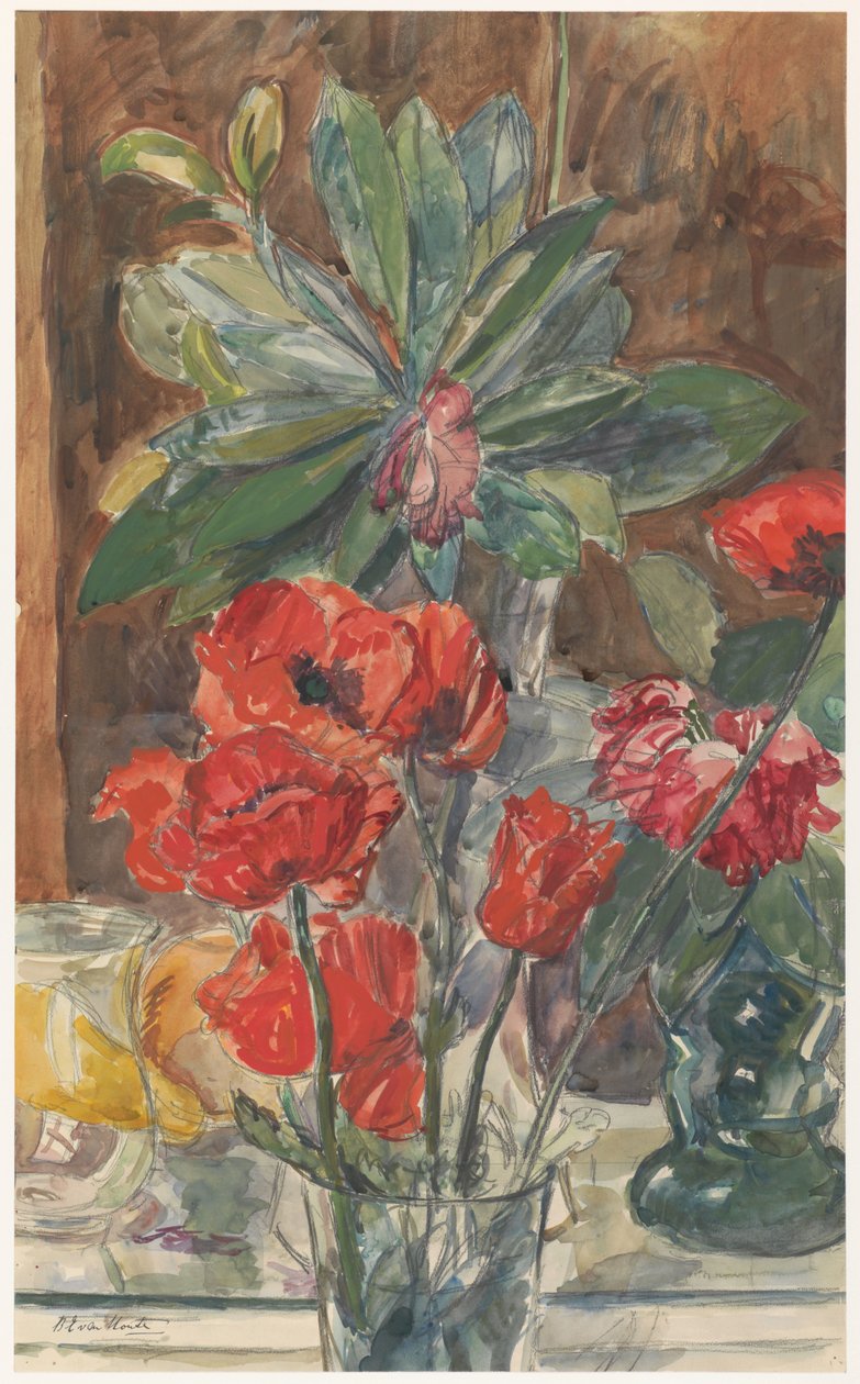 Haşhaş ve Orman Güllerinin Çiçek Çalışması by Barbara Elisabeth van Houten