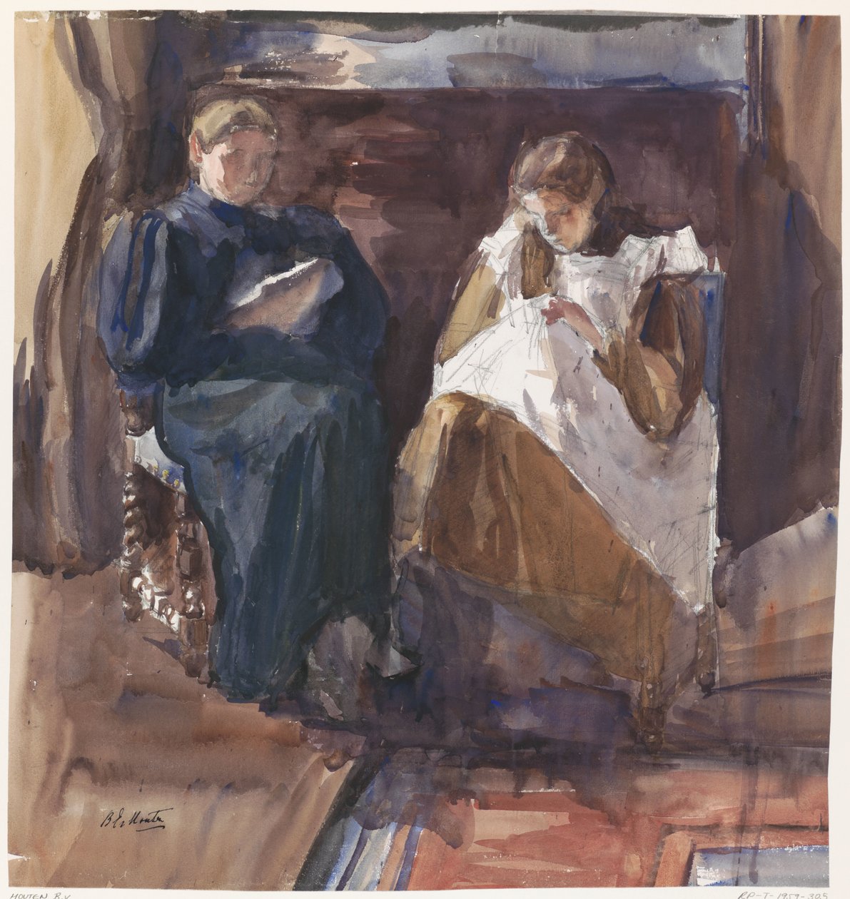 Lahey'deki 6 Riouwstraat'taki evde, önden görülen okuma kadın ve nakışçı kız by Barbara Elisabeth van Houten