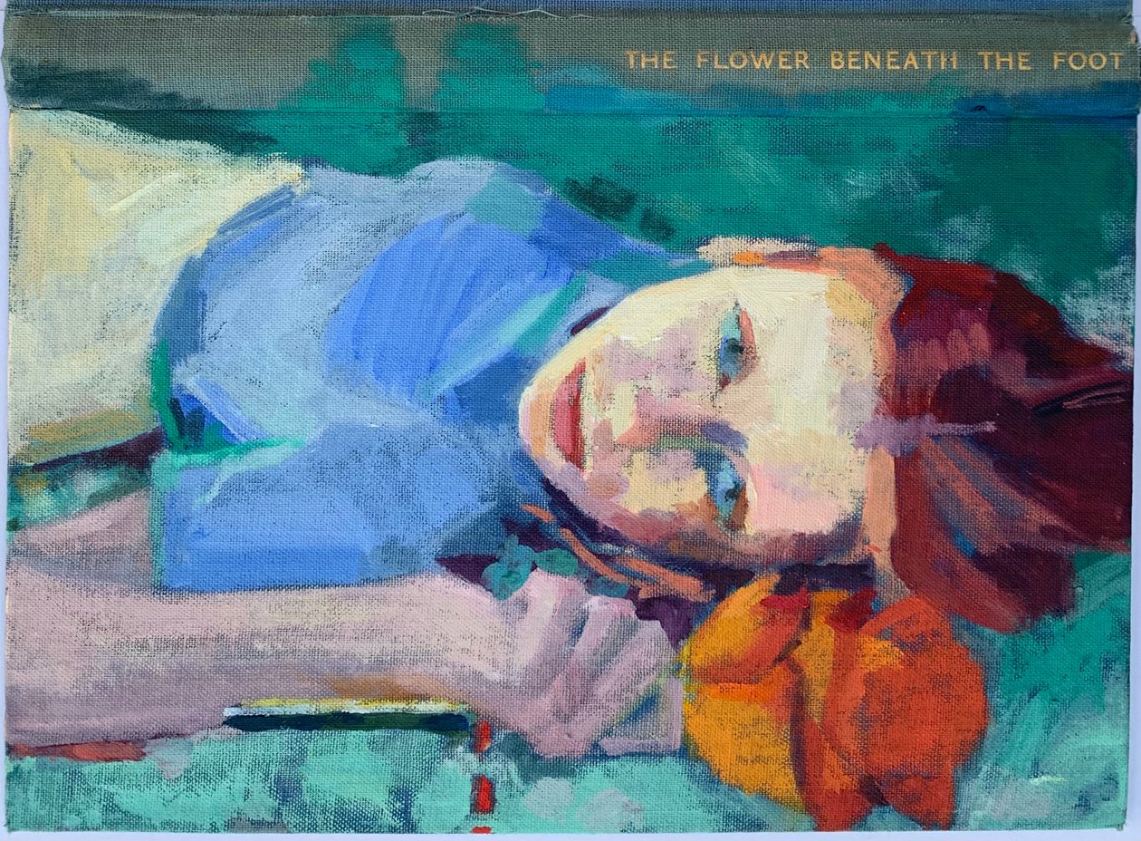 Ayağın altındaki çiçek, 2022 (antika keten kitap kapağı üzerine yağlı boya) by Barbara Hoogeweegen