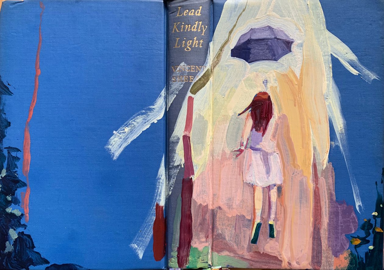 Lead kindly light, 2022 (antika keten kitap kapağı üzerine yağlı boya) by Barbara Hoogeweegen