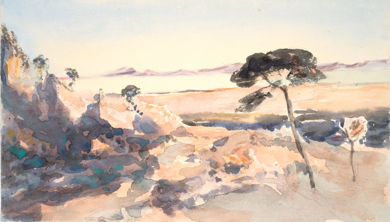 Peyzaj: Pembe dağlı ağaç (dokuma kağıt üzerine suluboya ve grafit) by Barbara Leigh Smith Bodichon