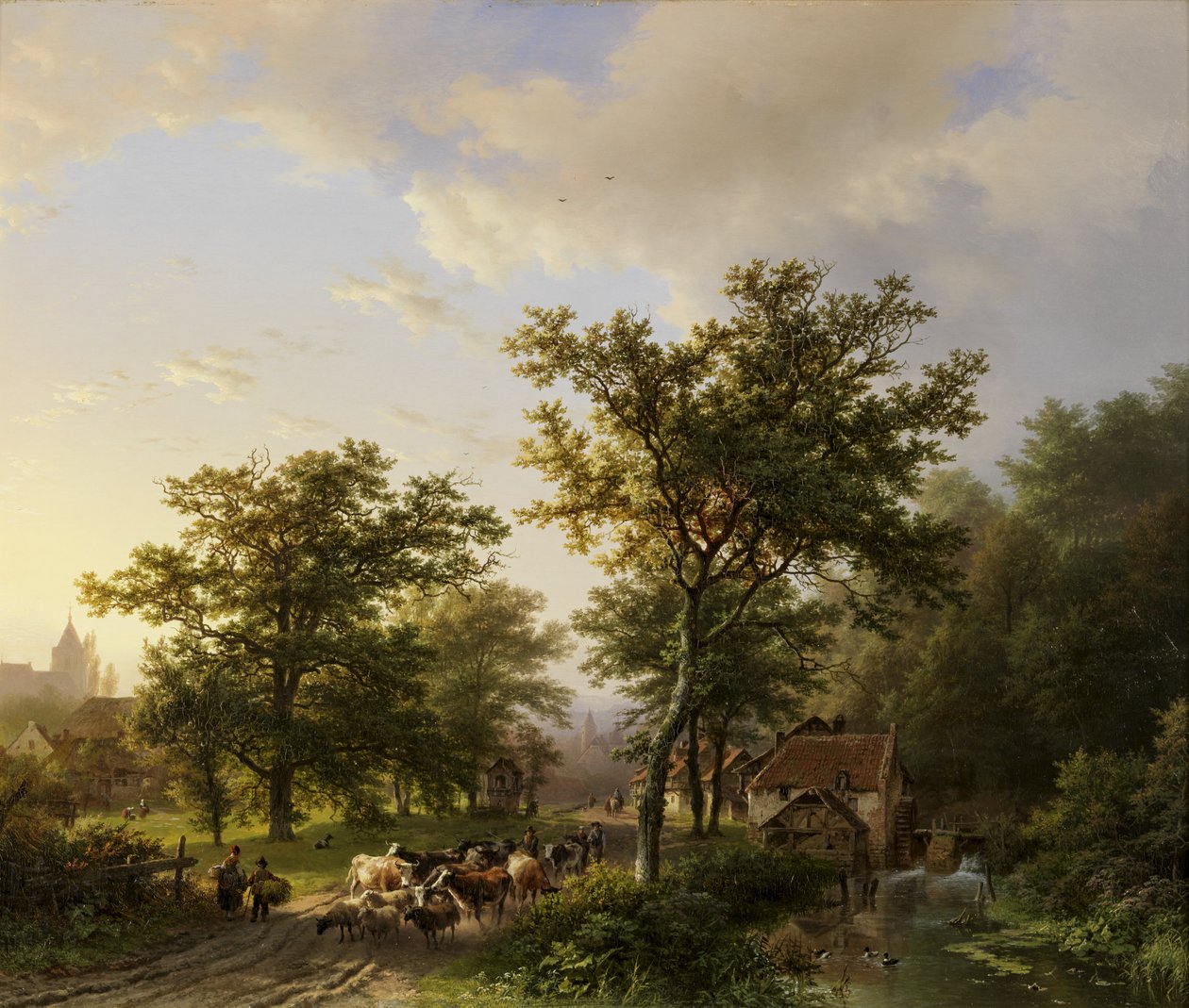 Su değirmeni ve sığır yüzen çiftçiler ile manzara by Barend Cornelis Koekkoek