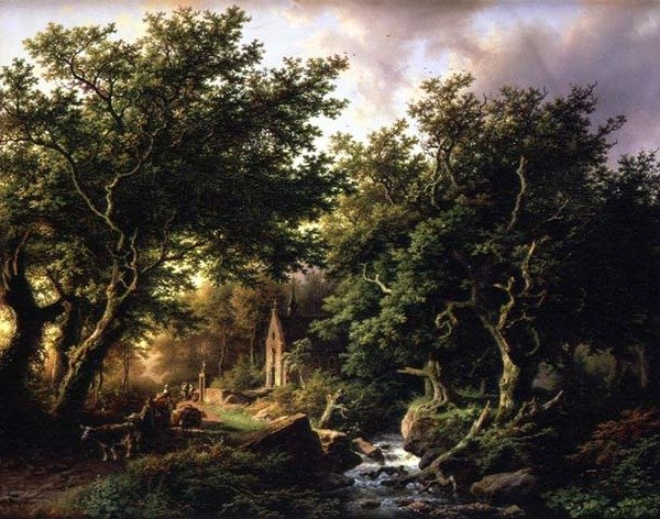 Bir şapel ile ormanlık bir manzara by Barend Cornelis Koekkoek
