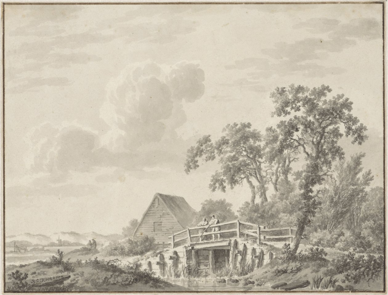 Bir balıkçı ile bir kumul kenarında manzara by Barend Cornelis Koekkoek