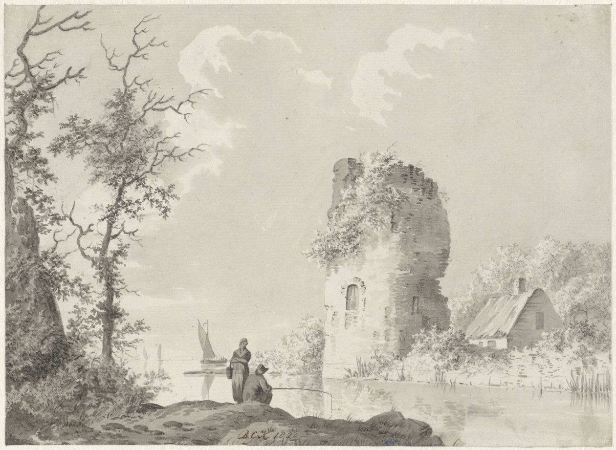 Kule ve fener ile nehir manzarası by Barend Cornelis Koekkoek