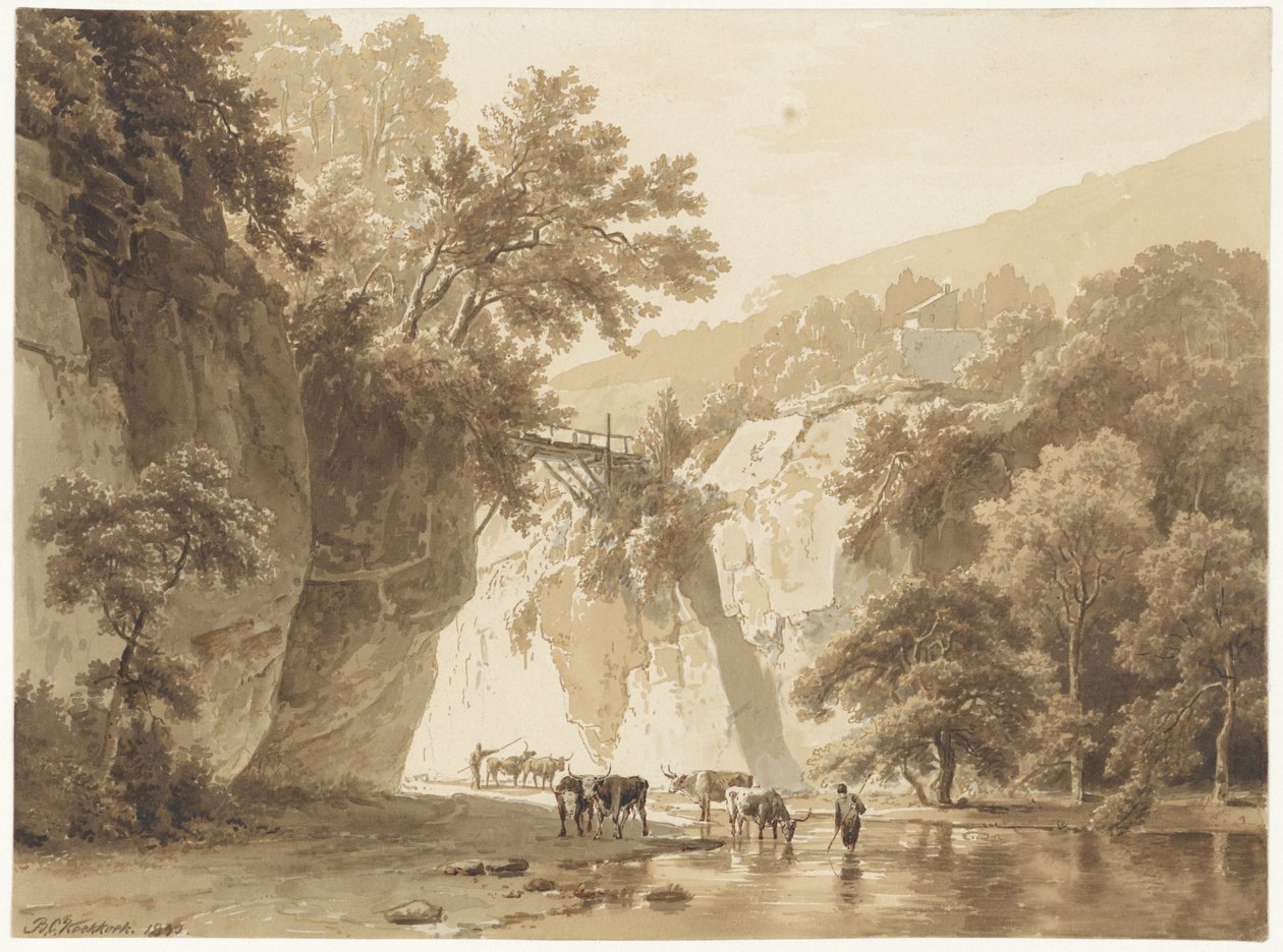 İnekler içen kayalık manzara by Barend Cornelis Koekkoek