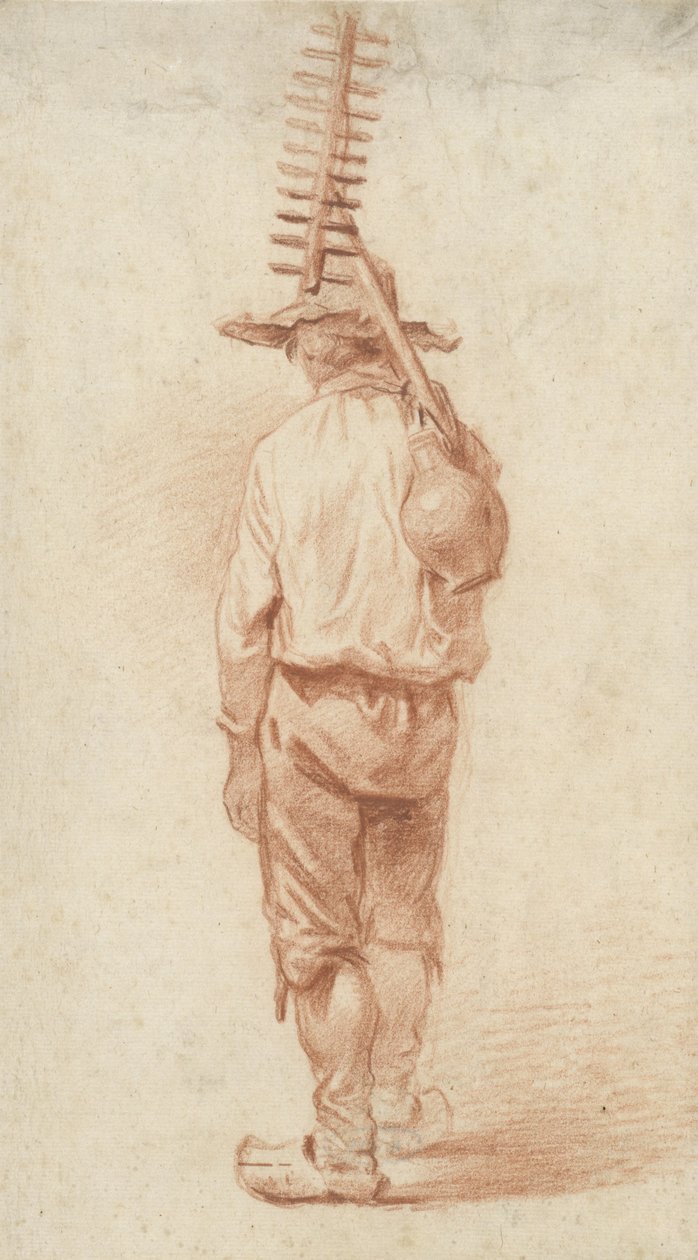 Omzunun üzerinden sürahi ile tırmıkla ayakta duran çiftçi, arkadan görülüyor by Barend Cornelis Koekkoek