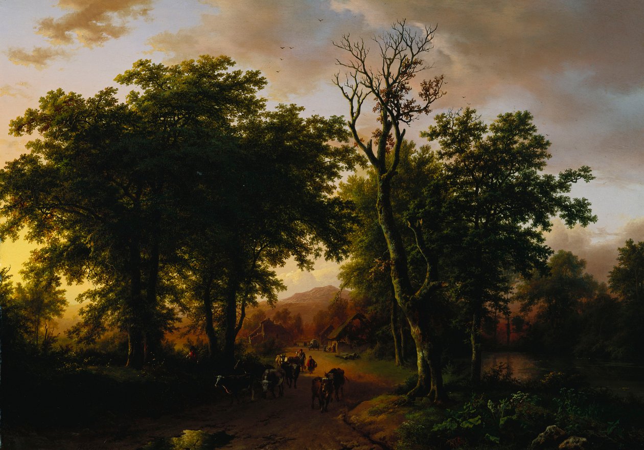 Gün Batımında Yolda Yolcular by Barend Cornelis Koekkoek