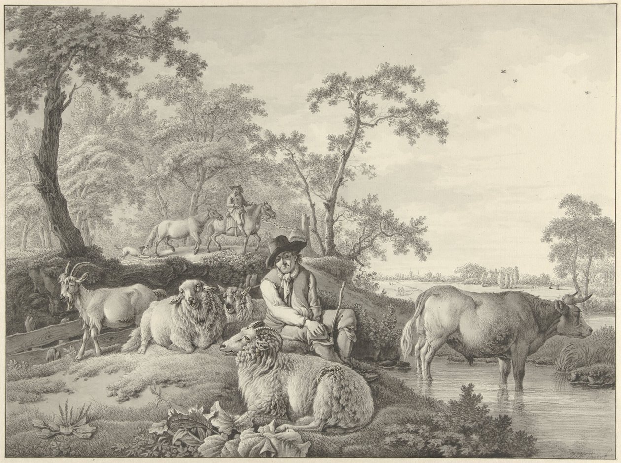 Bir manzarada koyun, keçi ve genç bir boğa ile çoban by Barend Hendrik Thier