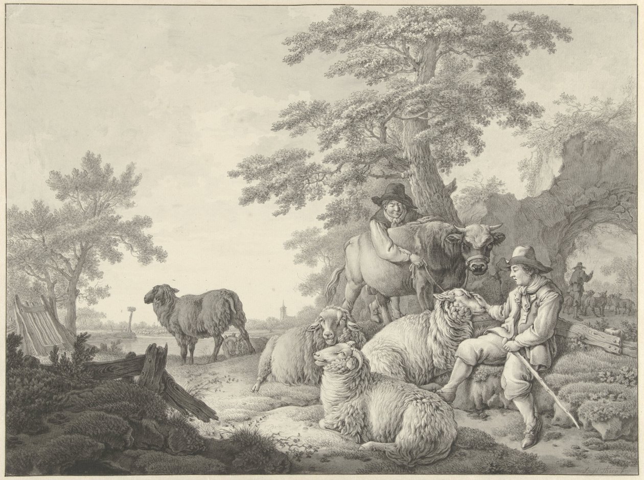Koyunlu çoban ve manzarada genç bir boğa olan bir çocuk by Barend Hendrik Thier