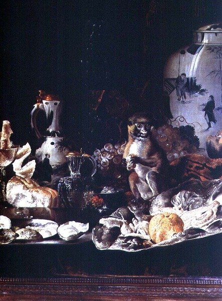 Maymun ve Çin porseleni ile egzotik natürmort by Barend or Bernardus van der Meer