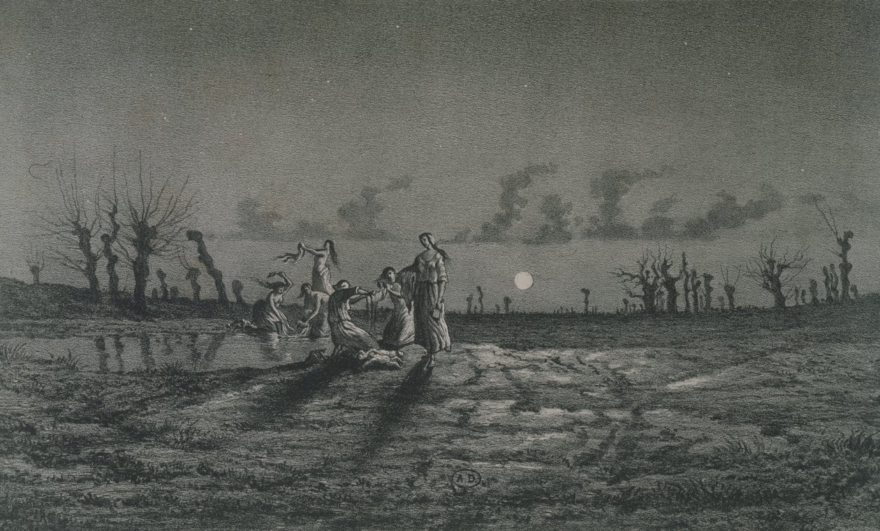 Lavandieres veya Gece Yıkayıcı Kadınlar, George Sand (1804-76) 1858 tarafından Legendes Rustiques için illüstrasyon by Maurice Sand